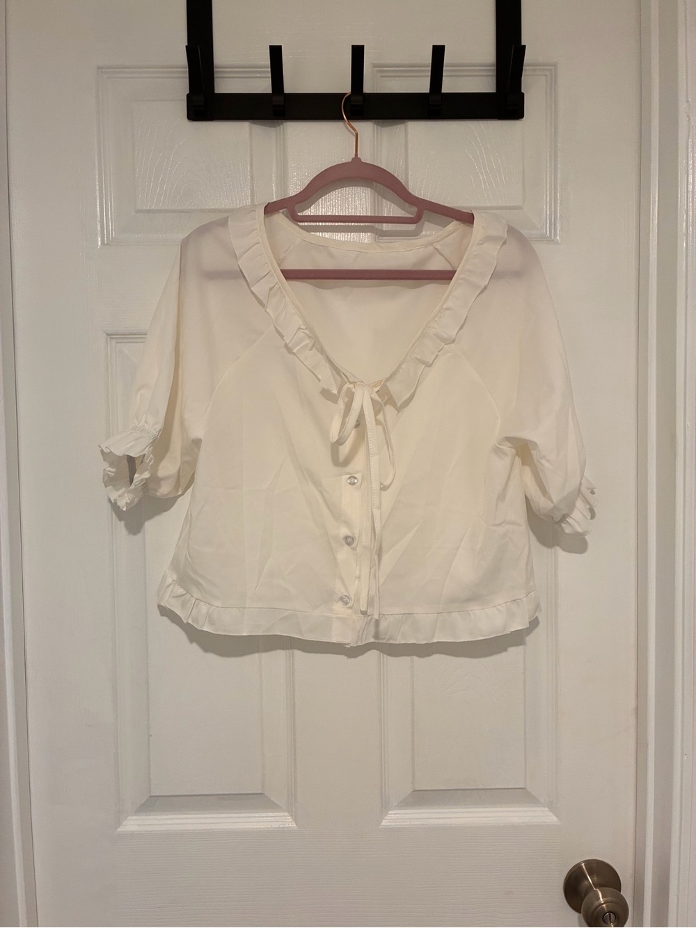 White Ruffle-Trim Tie-Neck Women's Top